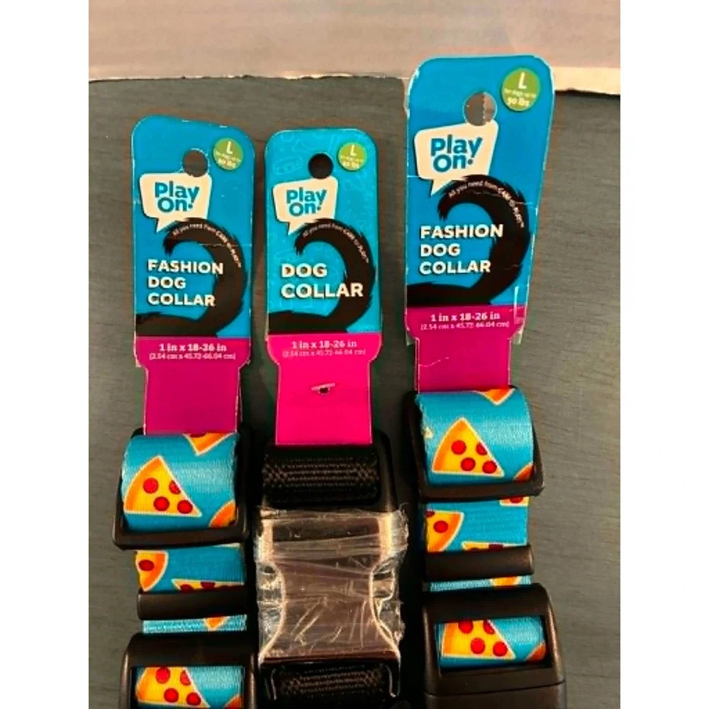 Play On Dog Collar Large Blue Pizza Black NEW 3 Pack Adjustable 18-26in